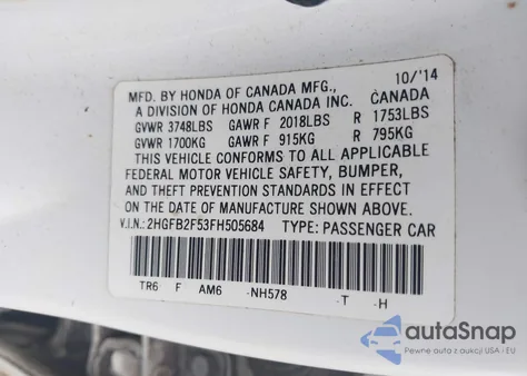 2015 Honda Civic Lx z USA, uszkodzony, nr VIN 2HGFB2F53FH505684